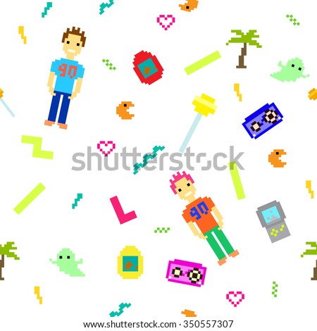 Pixel art 90s retro style seamless pattern. Nineties nostalgic white background. 8 bit games inspired icons and people.