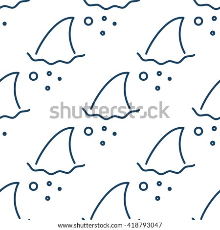 Shark fin in water waves seamless pattern. Flipper of fish in the sea white and blue background surface in outline style.