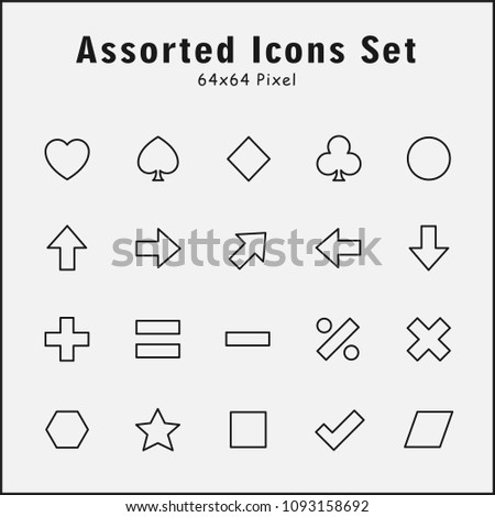 Thin line icons set of assorted, mathematics, arrow, gambler. Editable vector stroke 64x64 Pixel Perfect. 