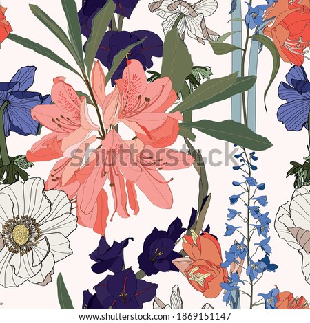 Seamless patterns with Rhododendron Oleander, delphinium, gladiolus and anemones flowers and leaves in violet and orange colors on a white background. 
