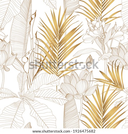 Tropical exotic floral line golden  palm leaves and flowers seamless pattern, line background. Exotic jungle wallpaper.	