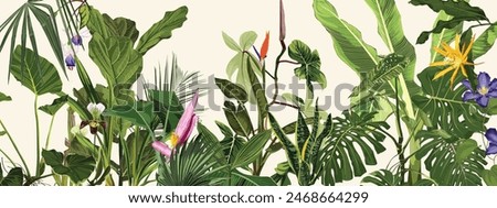 Tropical botanical landscape, palm tree, banana tree, plant floral  border background. Exotic green jungle wallpaper.