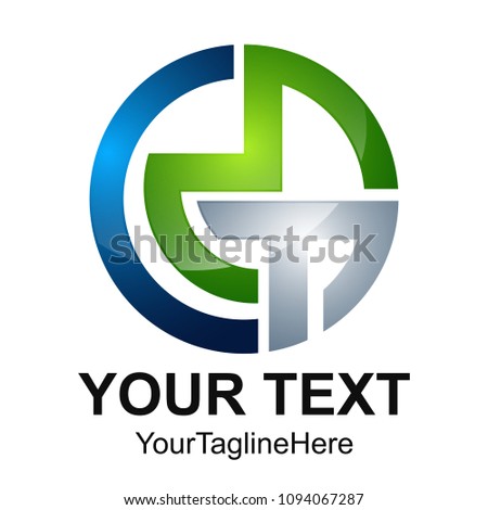 Initial letter CMT logo design template element colored silver green blue circle 3D for business and company identity