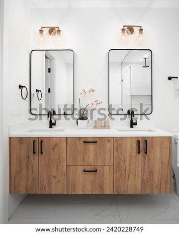 Similar – Image, Stock Photo Mirror image of two female legs and a hand with red nail polish in the mirror