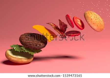 Jumping burger ads, delicious hamburger 3D on pink background. Hamburger ingredients with meat,cheese,tomato,salad,bun with sesame and space for text. Classic burger isolated. Big hamburger. 3d render