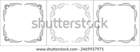 Set of elegant black and white monochrome Harry Potter style ornamental corners. Snitch corners. Vector frame for all sizes and formats. Isolated vector illustration.