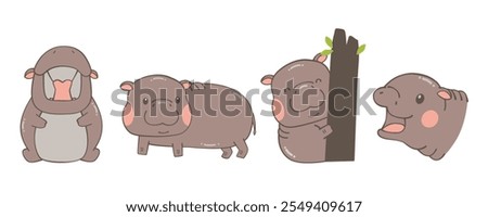 Adorable Moo-Deng Pygmy Hippo, Thai Animal Vector, Cartoon Illustration in different poses: yawning, standing side view, leaning on a tree, close-up head sideview.