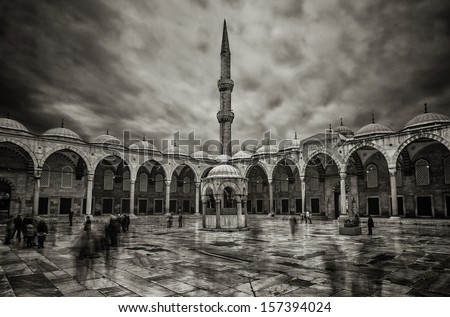 The back yard of the Sultan Ahmed Mosque in Istanbul. The mosque is also called \