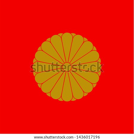 Japanese emperor flag. Gold chrysanthemum seal pattern on red background.