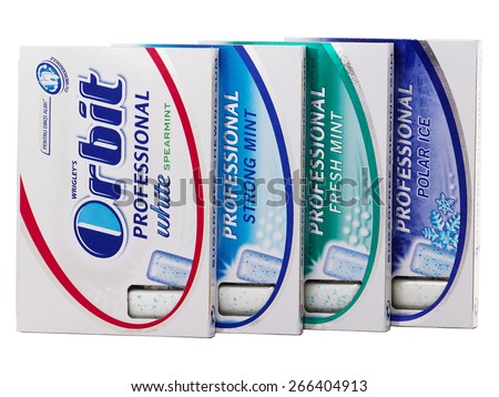 BUCHAREST, ROMANIA - APRIL 4, 2015. Orbit chewing gum produced by the Wrigley. Orbit is a brand of sugarless chewing gum that provides the benefit of teeth cleaning with an enjoyable chew.