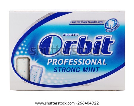BUCHAREST, ROMANIA - APRIL 4, 2015. Orbit Strong Mint chewing gum produced by the Wrigley. Orbit is a brand of sugarless chewing gum that provides the benefit of teeth cleaning with an enjoyable chew.