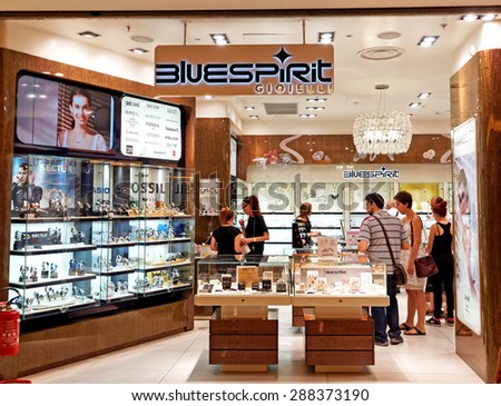 ROME, ITALY - JUNE 18, 2015. Bluespirit Jewelry Store in Rome, Italy with people shopping. Bluespirit brand was created in 1987 and the stores selling mainly watches, jewelry and luxury accessories.