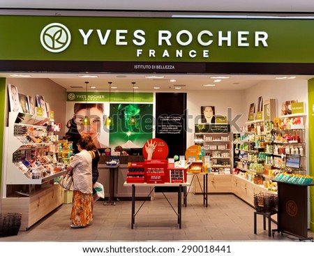 ROME, ITALY - JUNE 24, 2015. Yves Rocher Store in Rome, Italy with people shopping. Yves Rocher was a pioneer of the modern use of natural ingredients in cosmetics