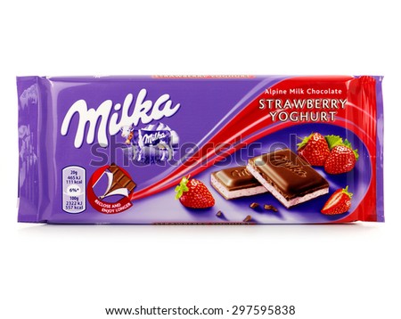 BUCHAREST, ROMANIA  JULY 18, 2015. Milka Chocolate bar, alpine milk chocolate with strawberry yoghurt, marketed by Mondelez International. Milka is the first milk chocolate bar in the world.