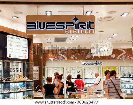ROME, ITALY - JULY 28, 2015. Bluespirit Jewelry Store in Rome, Italy with people shopping. Bluespirit brand was created in 1987 and the stores selling mainly watches, jewelry and luxury accessories.