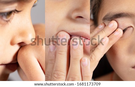 Collage of Young girl touches her nose, eyes and Mouth - Concept showing avoid touch face to protect and prevent form covid-19, sars cov 2 or coronavirus outbreak or spreading. 商業照片 © 