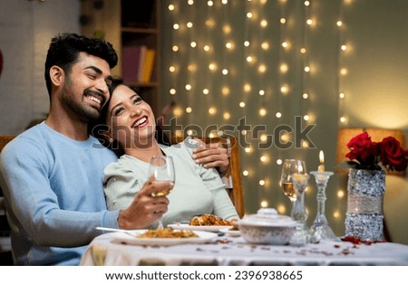 Similar – Image, Stock Photo Delighted couple hugging during sunset in nature