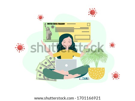 Young woman recieve a stimulus bill check during coronavirus quarantine period in USA. Stimulus relief program