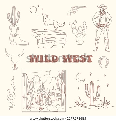 Wild west cartoon icons set. desert landscape with mountains and cactus, coyote, cowboy. retro vector