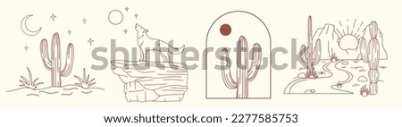 Wild west desert landscape set with mountains and cactus, coyote. retro cartoon vector