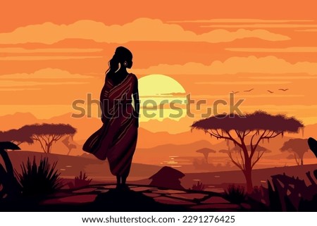 Beautiful African landscape with ethnic woman