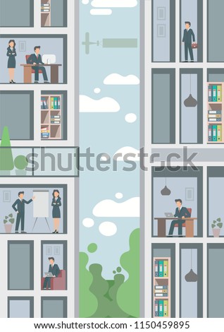 Office buildings with people inside. Multi-storey buildings with penthouse. Similar to an educational institution. Work rooms and more.