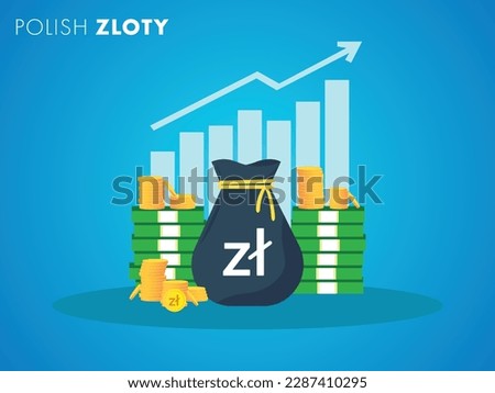 Poland - Polish Zloty currency growth to success concept. The money bag chart increases profit. Business growth concept. Vector illustration design