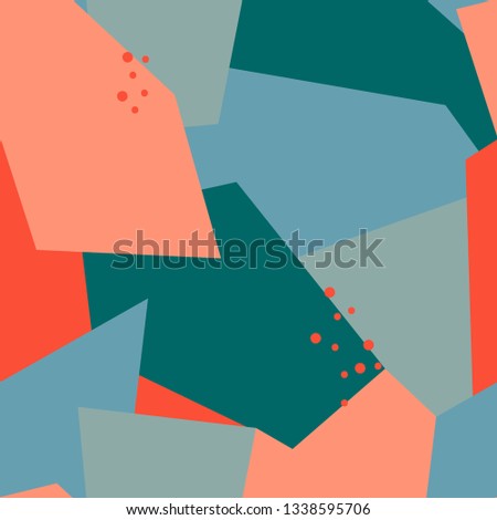 Seamless abstract pattern with polygons and dots. Pink, beige, blue colors. Avan-garde cute background.Cubism style.