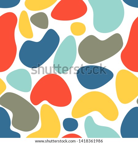 Seamless abstract pattern with spots and dots. Blue, orange, red, yellow, grey colors. Avan-garde cute cartoon background. Abstractionism style. 