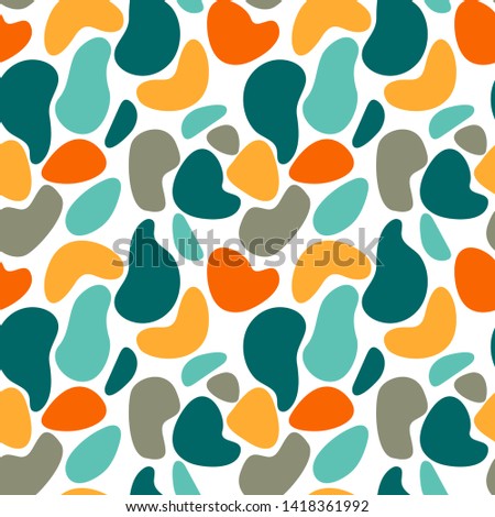 Seamless abstract pattern with spots and dots. Blue, orange, yellow, grey colors. Avan-garde cute cartoon background. Abstractionism style. 