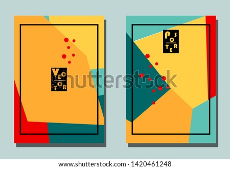 Cover with graphic elements - polygons and dots. Yellow, orange, red, blue colors. Avan-garde cute background.Cubism style. A4 format. 