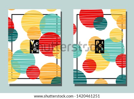 Cover with graphic elements - cicles and dots. Yellow, orange, red, blue polka dot ornate. Avan-garde cute background. A4 format. 