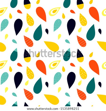 Seamless abstract pattern with drop shapes. Blue, orange, red, yellow colors. Avan-garde cute cartoon background. Abstractionism style. 