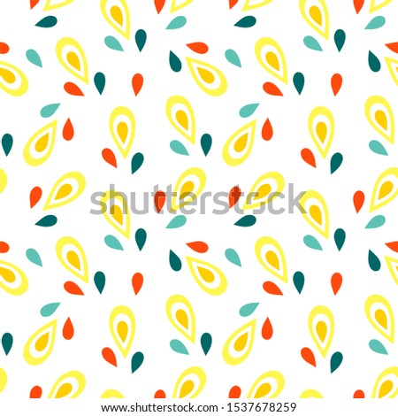 Seamless abstract pattern with drop shapes. Blue, orange, red, yellow colors. Avan-garde cute cartoon background. Abstractionism style. 