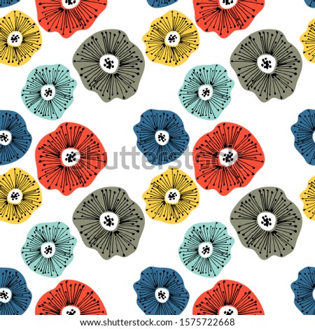 Seamless pattern with abstract flowers. Avan-garde cute cartoon background. Abstractionism style. 