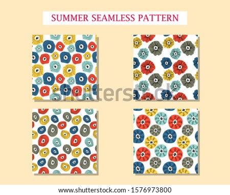 Set with seamless pattern with abstract flowers. Avan-garde cute cartoon background. Abstractionism style. 