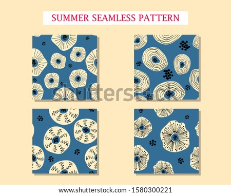 Set with seamless pattern with abstract flowers. Avan-garde cute cartoon background. Abstractionism style. 