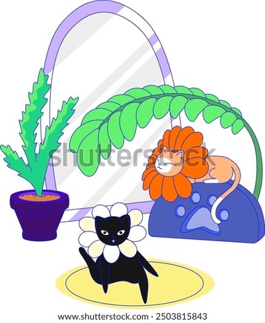 Two cats with soft cone collar to stop licking after surgery neuter. Vector modern cartoon flat illustration. Cozy room with mirror, carpet, plant and cat scratcher.