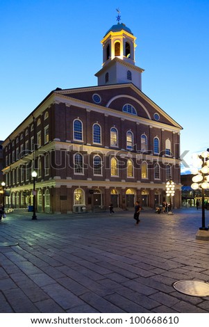 BOSTON, USA - APRIL 20:  A market place and a meeting hall since 1742, the Faneuil Hall in Boston was also the site of several speeches by Samuel Adams and James Otis. Seen at dusk on April 20, 2012.
