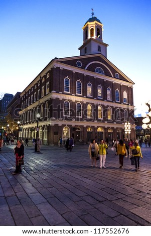 BOSTON, MA, USA - OCTOBER 24: Market place and meeting hall since 1742, the Faneuil Hall was the site of speeches by Samuel Adams and James Otis. Seen at dusk on October 24, 2012 in Boston, MA, USA.