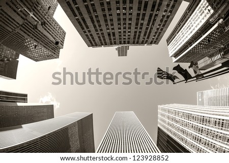 Wide-angle photo of the top of the skyscrapers in New York city, USA.