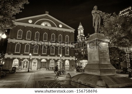 BOSTON, USA - APRIL 20: A market place and a meeting hall since 1742, the Faneuil Hall in Boston was also the site of several speeches by Samuel Adams and James Otis. Seen at dusk on April 20, 2012.