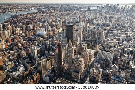 Aerial view of New York city in the USA showing the skyscrapers of Manhattan.