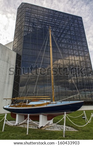 BOSTON, USA - OCTOBER 28: The Sail boat owned by John F. Kennedy president of the USA, Victura, in exhibition outside the The JFK Museum in Boston, Massachusetts, USA on October 28, 2013.