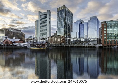 Panoramic view of Boston in Massachusetts, USA showcasing the architecture of its Financial District at sunset.