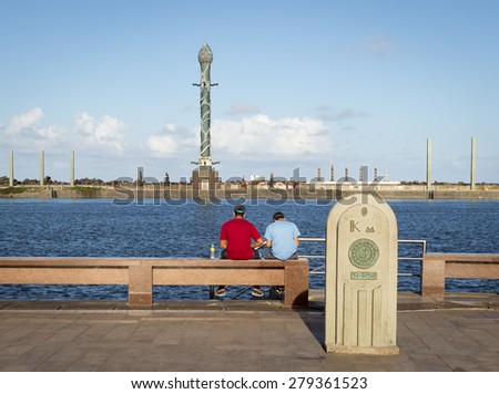 RECIFE, BRAZIL - MAY 10: Marco Zero Square in Recife, PE, Brazil with its famous obelisk that marks the spot where the city started and ceramic sculptures on the background on May 10, 2015.