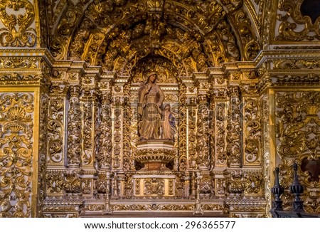 SALVADOR, BRAZIL - MAY 10: The Baroque architecture of Convento de Sao Francisco Church in Salvador, BA, Brazil, with its carved walls, Saint Images, and Altars covered in pure gold on May 10, 2015.