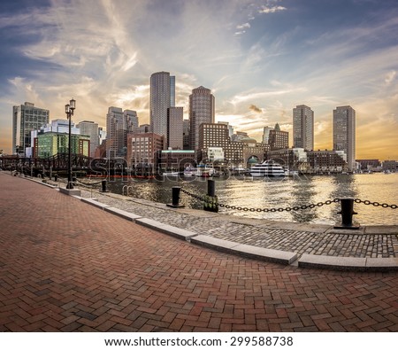Boston in Massachusetts, USA at sunset at Back Bay on a sunny summer day.