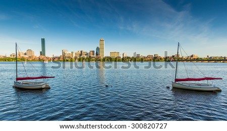 Panoramic view of Boston in Massachusetts, USA at Back Bay showcasing its mix of modern and historic architecture by the Charles River on a sunny summer day.