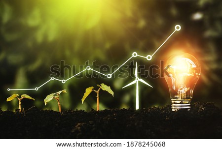 Light bulb is located on the soil, and plant are growing with wind turbine. Renewable energy generation is essential in the future. Alternative sources of energy. Green energy, eco energy concept.